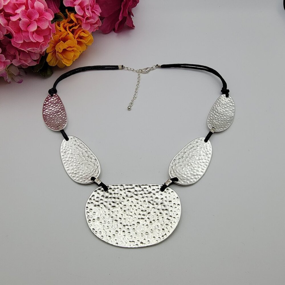 Silver Tone Hammered Metal Statement Bib Necklace 23" Adj. Modernist